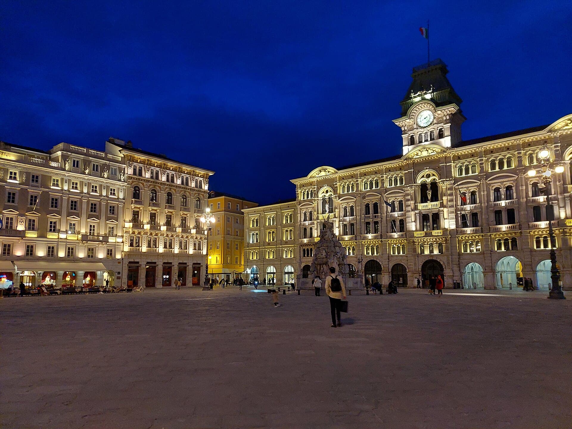 Piazza Unità d’Italia at blue hour, its palaces lit